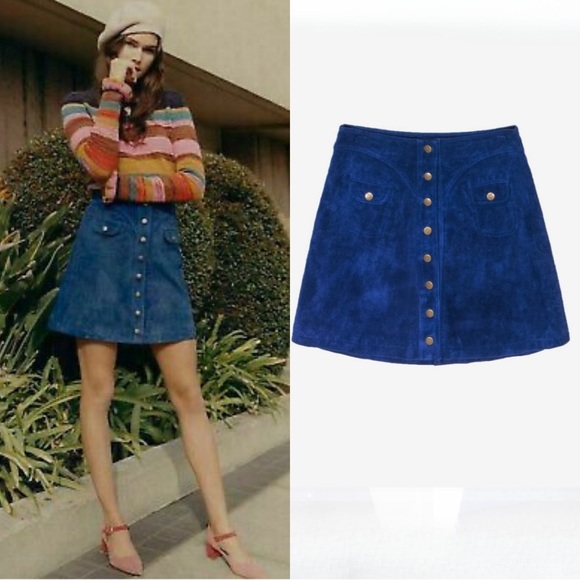 Anthropologie Vintage Suede 70’s Inspired Button-Front Skirt Cobalt - Picture 4 of 12